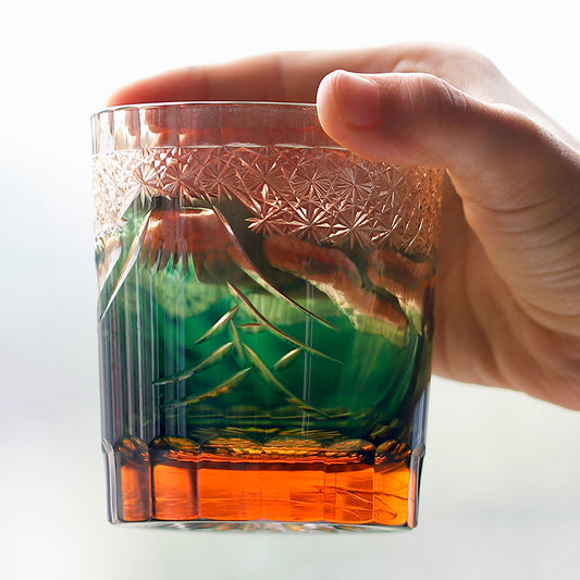 JP-037 Japanese Style Green Amber Colored Whiskey Glass Old Fashioned Tumblers Edo Kiriko's Fuji Mountain Design