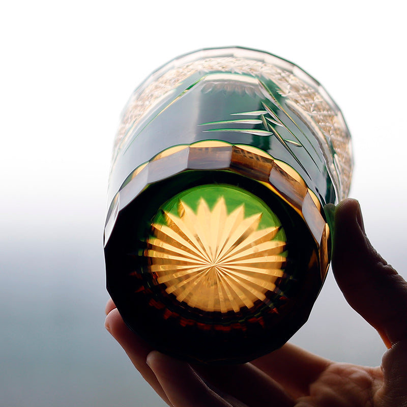 JP-037 Japanese Style Green Amber Colored Whiskey Glass Old Fashioned Tumblers Edo Kiriko's Fuji Mountain Design