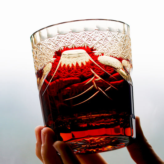 JP-037 8.5 oz Ruby Red Japanese Style Edo Kiriko Cocktail Whiskey Glass Tumbler Hand Cut Fuji Mountain Design In Gift Box
