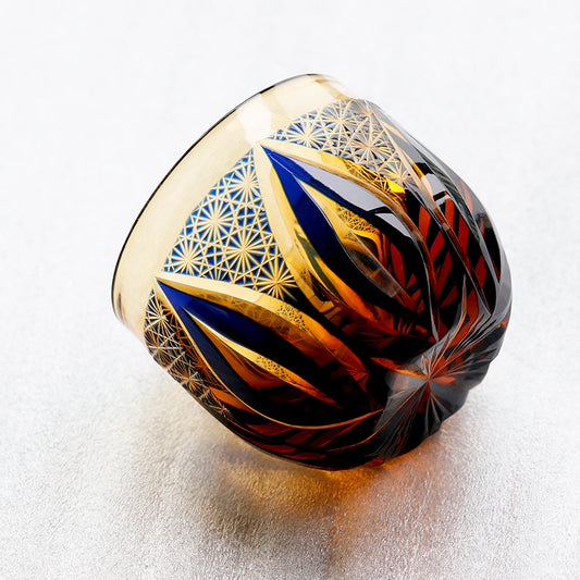 JP-020 60 ML Handcrafts Blue Amber Cold Sake Glass Cup,Edo Kiriko's Chilled Sake Glass Hand Carved Candle Flame Phoenix