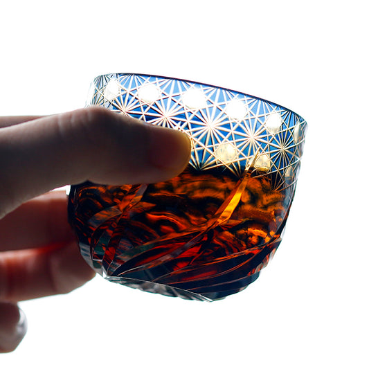 JP-040 60 ML Edo Kiriko Handcrafted Blue Amber Chilled Sake Glass Shot Glass Edo Kiriko Beaded Roaring Waves Design