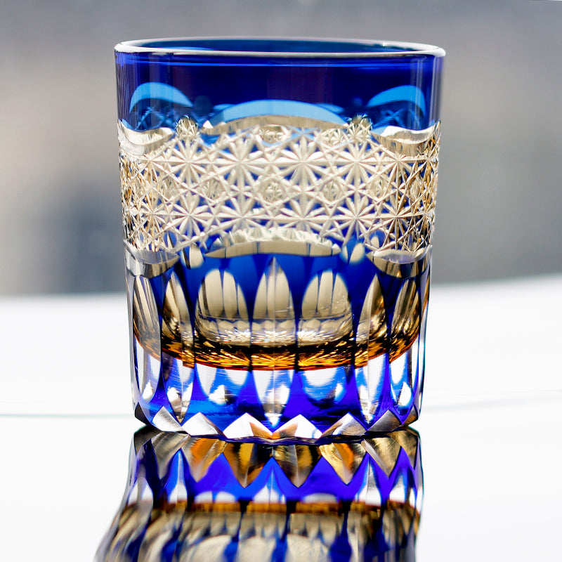 JP-054-New 3kinds color Transparent Blue and Amber Cased Glass Whiskey Tumblers with Hand Carved Mountain and Lotus Design