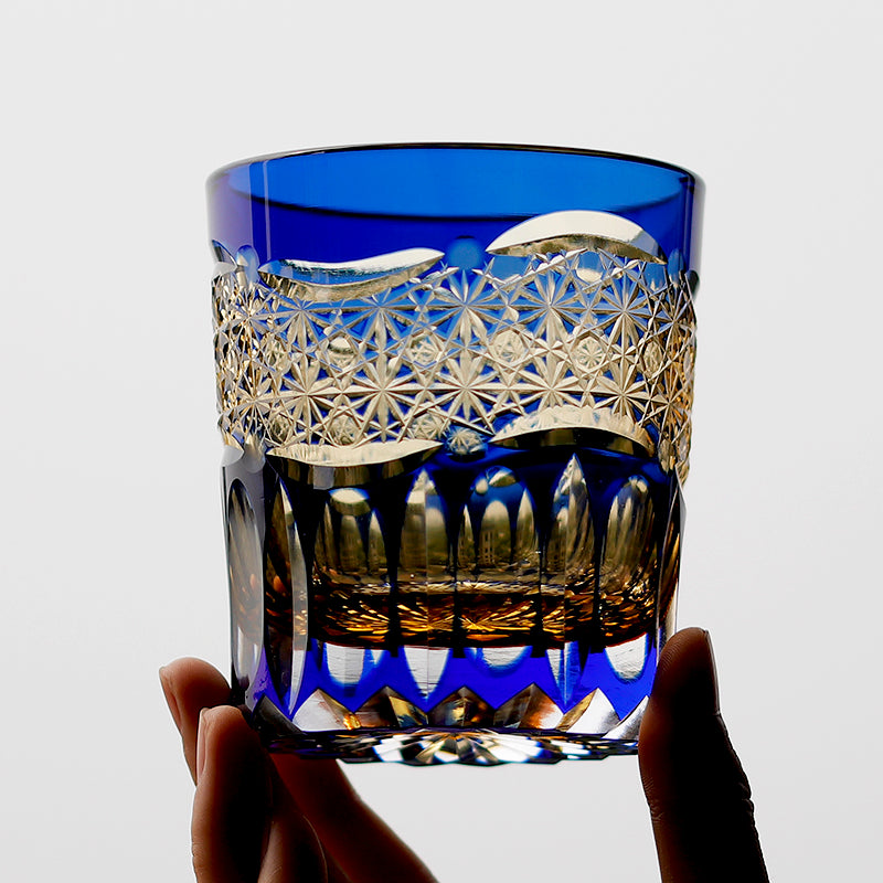 JP-054-New 3kinds color Transparent Blue and Amber Cased Glass Whiskey Tumblers with Hand Carved Mountain and Lotus Design