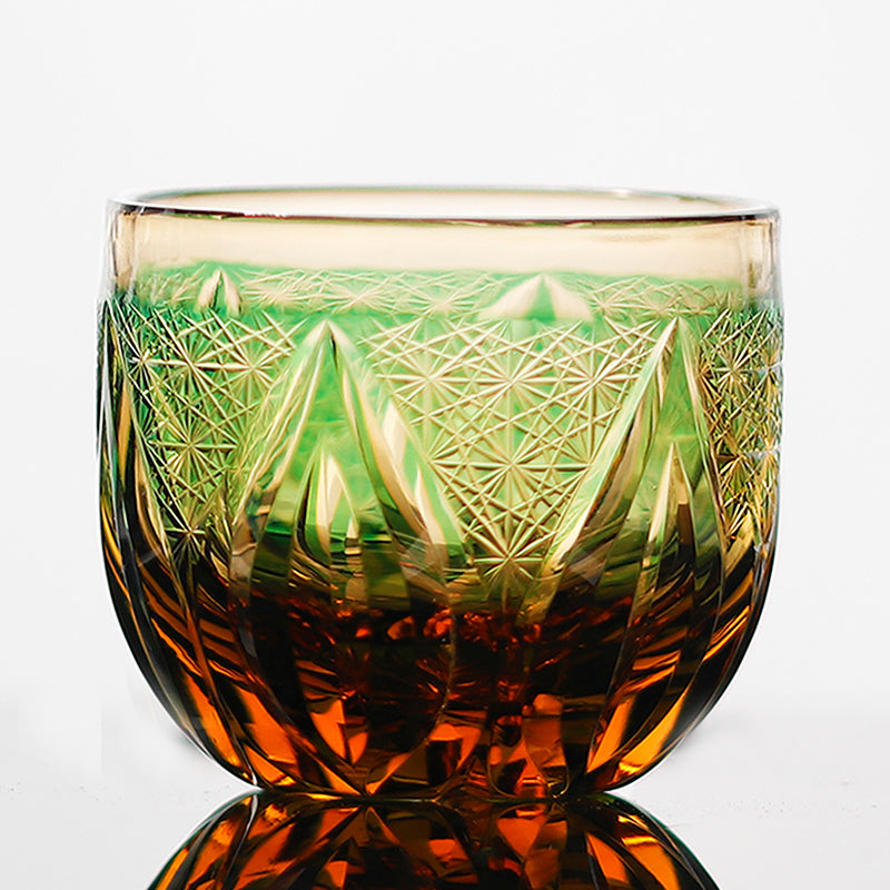 JP-020 60 ML Edo Kiriko's Green Amber Cold Sake Glass Cup Chilled Small Drinking Vessel With Hand Carved Candle Flame Design