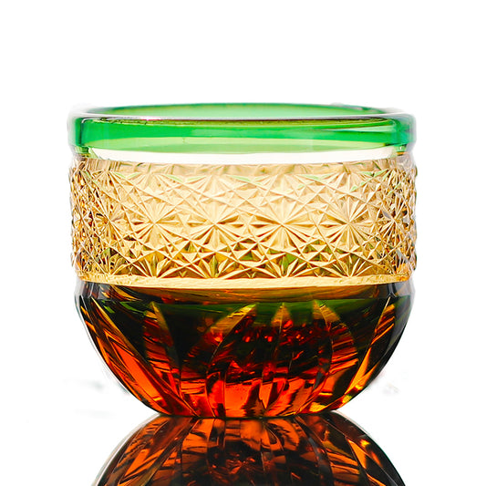 JP-021 60 ML Premium Japanese Green and Amber Colored Cold Sake Glass Cup,Chilled Sake Glass ,Small Drinking Vessel With Hand Cut Kiriko Chrysanthemum pattern