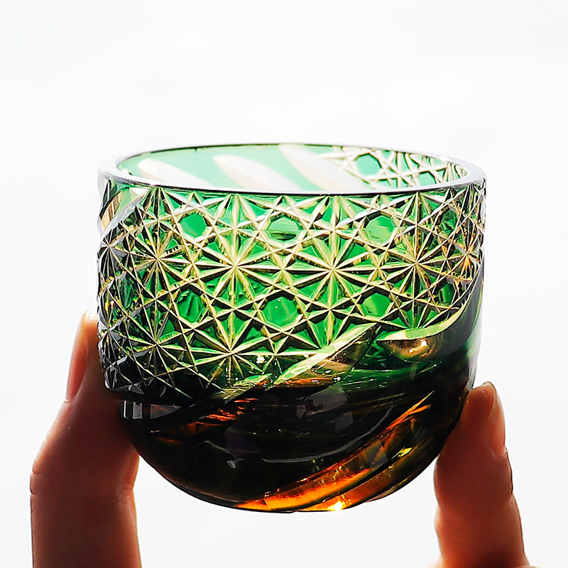 JP-031 60 ML Premium Japanese Green and Amber Colored Cold Sake Glass Cup,Chilled Sake Glass ,Small Drinking Vessel With Hand Carved Diamond Pattern