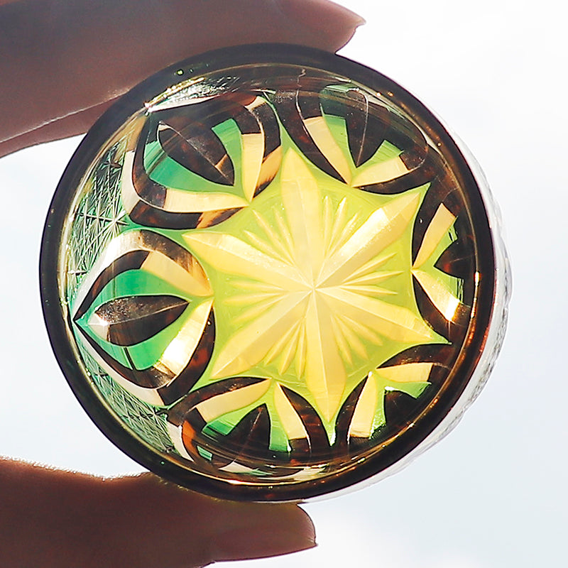 JP-020 60 ML Edo Kiriko's Green Amber Cold Sake Glass Cup Chilled Small Drinking Vessel With Hand Carved Candle Flame Design