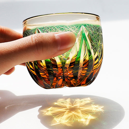 JP-020 60 ML Edo Kiriko's Green Amber Cold Sake Glass Cup Chilled Small Drinking Vessel With Hand Carved Candle Flame Design