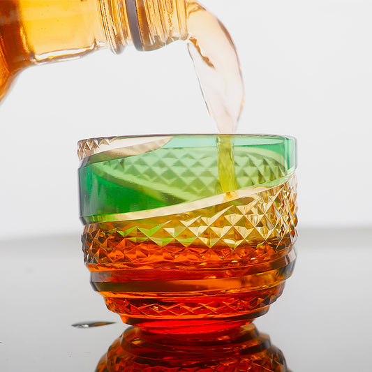 QJ-09 60 ML Japanese Style Hand Cut Kiriko Green and Amber Colored Cold Sake Glass,Chilled Sake Glass ,Small Shot Glass