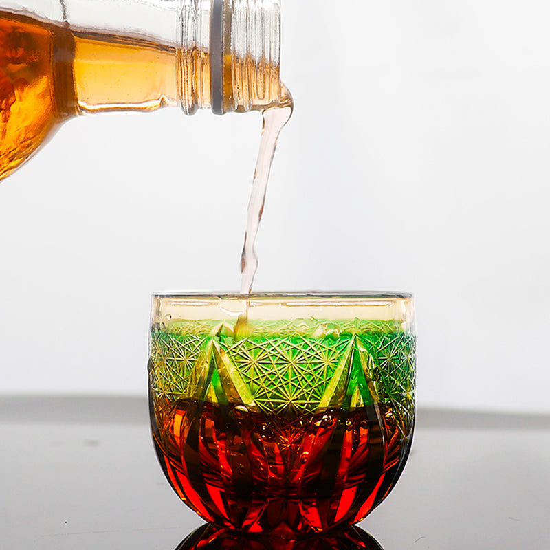 JP-020 60 ML Edo Kiriko's Green Amber Cold Sake Glass Cup Chilled Small Drinking Vessel With Hand Carved Candle Flame Design