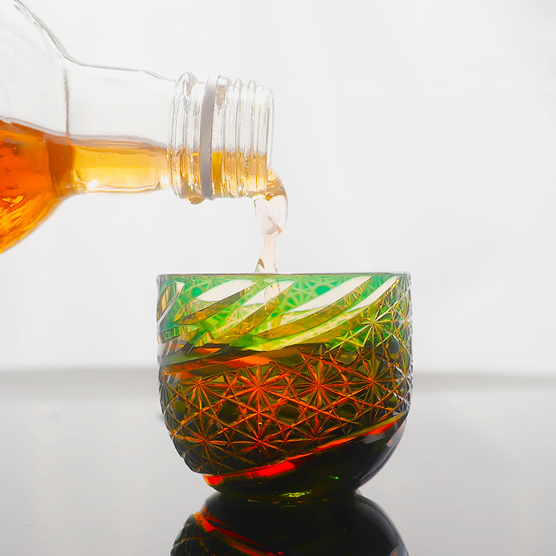 JP-031 60 ML Premium Japanese Green and Amber Colored Cold Sake Glass Cup,Chilled Sake Glass ,Small Drinking Vessel With Hand Carved Diamond Pattern
