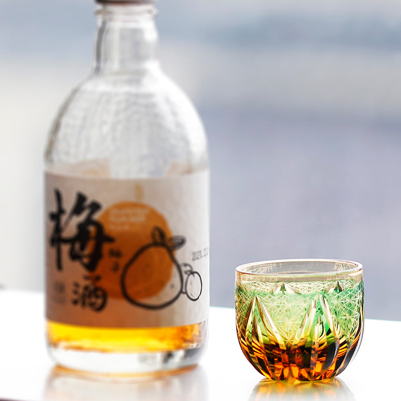 JP-020 60 ML Edo Kiriko's Green Amber Cold Sake Glass Cup Chilled Small Drinking Vessel With Hand Carved Candle Flame Design