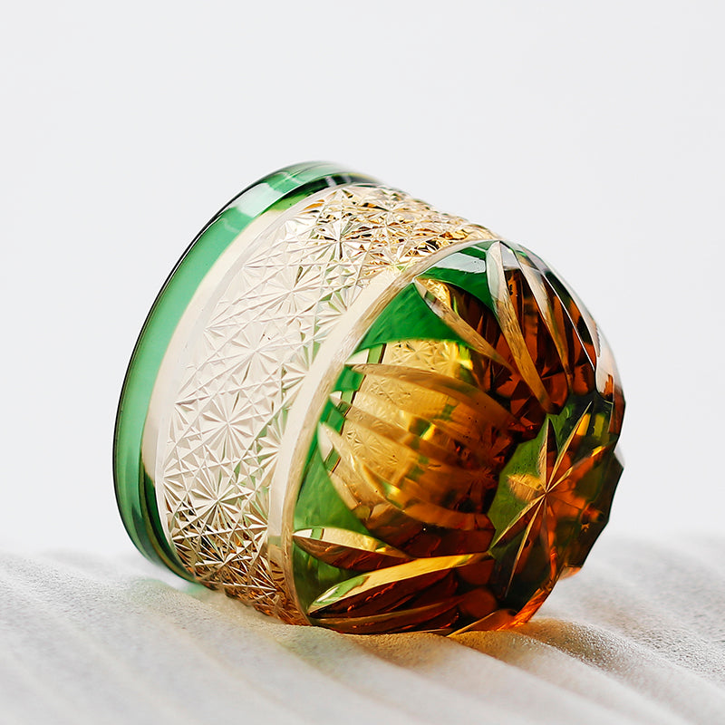 JP-020 60 ML Edo Kiriko's Green Amber Cold Sake Glass Cup Chilled Small Drinking Vessel With Hand Carved Candle Flame Design