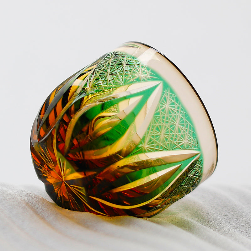 JP-020 60 ML Edo Kiriko's Green Amber Cold Sake Glass Cup Chilled Small Drinking Vessel With Hand Carved Candle Flame Design
