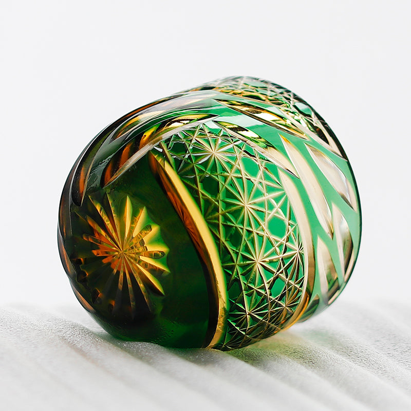 JP-031 60 ML Premium Japanese Green and Amber Colored Cold Sake Glass Cup,Chilled Sake Glass ,Small Drinking Vessel With Hand Carved Diamond Pattern