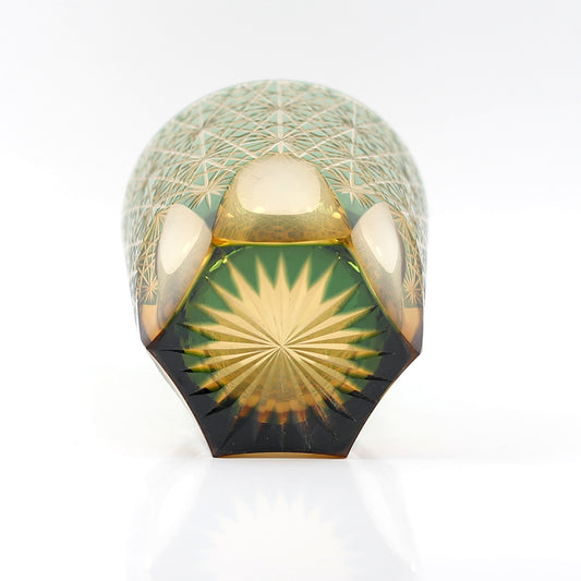 JP-048 250 ml Classic Japanesque Style Edo Kiriko Green and Amber Color Overlay Glass Whiskey Tumblers with Hand cut Chrysanthemum Design