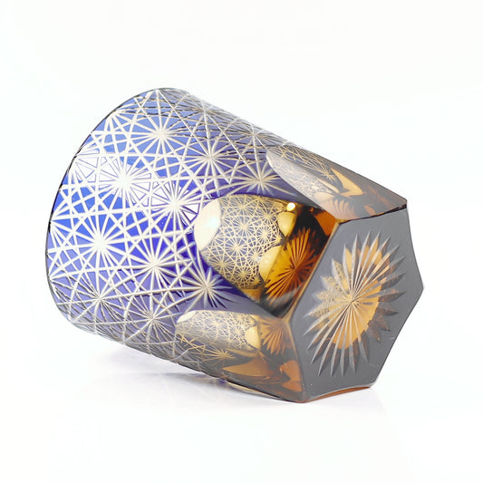 JP-048 250 ml Classic Japanesque Style Edo Kiriko Blue and Amber Color Overlay Glass Whiskey Tumblers with Hand cut Chrysanthemum Design