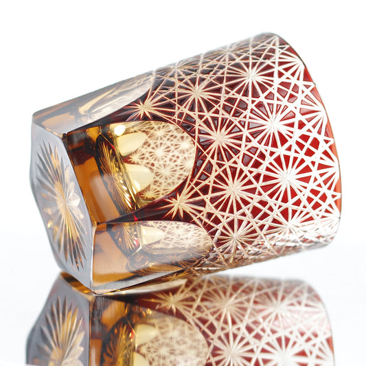 JP-048 250 ml Classic Japanesque Style Edo Kiriko Ruby Red and Amber Color Overlay Glass Whiskey Tumblers with Hand cut Chrysanthemum Design