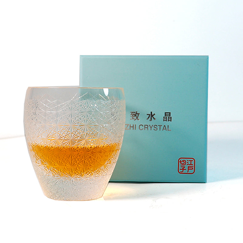 JP-088 Hand Cut Clear K9 Crystal Whiskey Rock Glasses Edo Kiriko Chrysanthemum 9oz 1PC