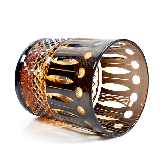 JP-093 Handcrafts Black and Amber Color Overlaid Glass Whiskey Tumblers with Hand Engraved Lotus and Diamond Pattern