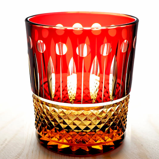 JP-093 Handcrafts Ruby Red and Amber Color Overlaid Glass Whiskey Tumblers with Hand Engraved Lotus and Diamond Pattern