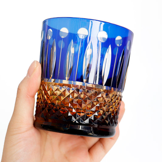 JP-093 Handcrafts Blue Amber Color Overlaid Glass Whiskey Tumblers Edo Kiriko's Lotus and Diamond Pattern In Gift Box