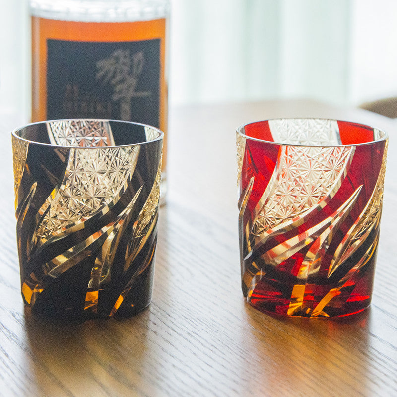 JP-029 25 CL Black and Amber Tinted Glass Whiskey Tumbler With Classic Hand Cut Burning Flame Pattern