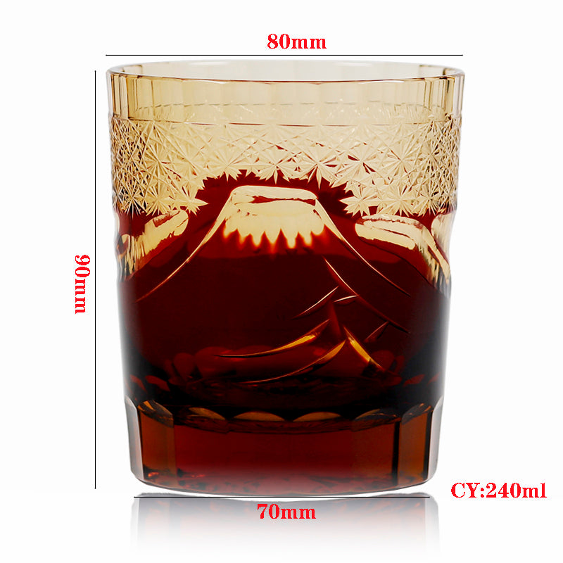 JP-037 8.5 oz Ruby Red Japanese Style Edo Kiriko Cocktail Whiskey Glass Tumbler Hand Cut Fuji Mountain Design In Gift Box