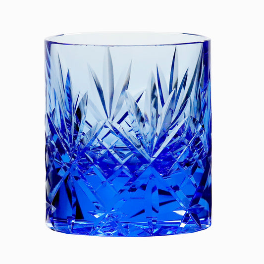 JP-128 Blue Classic K9 Crystal Glass Whiskey Tumbler Edo Kiriko's Bamboo Leaves Design Heavy and Thick Bottom