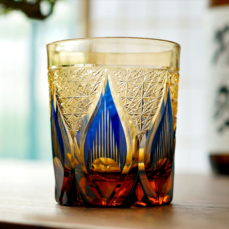 Candle Flame Hand Cut Blue Whiskey Glass 9oz