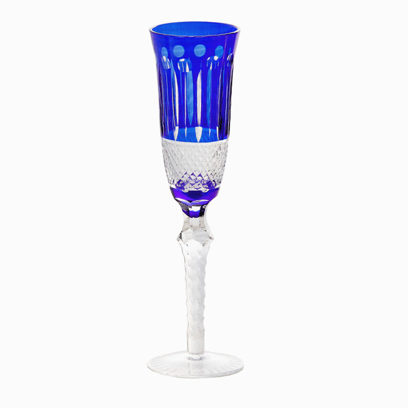 Champagne Flute 5oz Hand Cut Glass Stemware Ink Blue