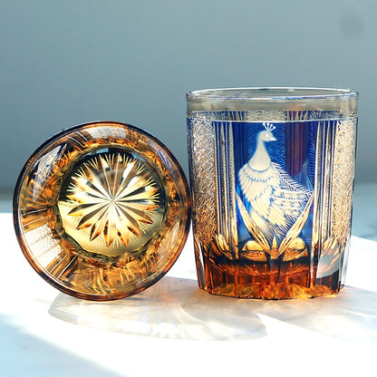JP-112 8.5oz Edo Kiriko Style Blue and Amber Cocktail Glass Tumbler Colored Crystal Glass Whiskey Tumblers