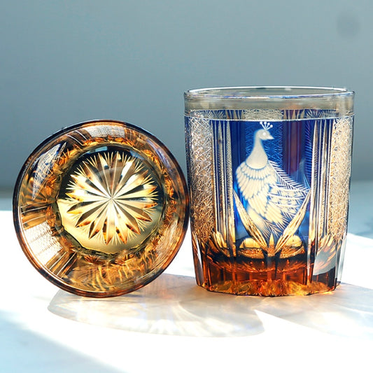 JP-112 8.5oz Edo Kiriko Style Blue and Amber Cocktail Glass Tumbler Colored Crystal Glass Whiskey Tumblers
