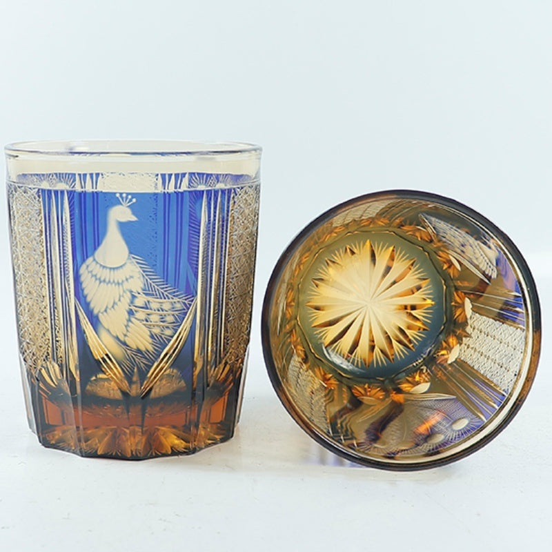JP-112 8.5oz Edo Kiriko Style Blue and Amber Cocktail Glass Tumbler Colored Crystal Glass Whiskey Tumblers