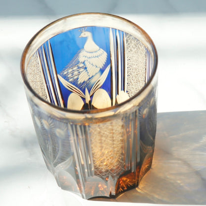 JP-112 8.5oz Edo Kiriko Style Blue and Amber Cocktail Glass Tumbler Colored Crystal Glass Whiskey Tumblers