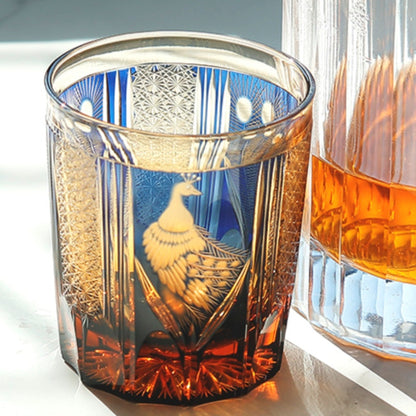 JP-112 8.5oz Edo Kiriko Style Blue and Amber Cocktail Glass Tumbler Colored Crystal Glass Whiskey Tumblers