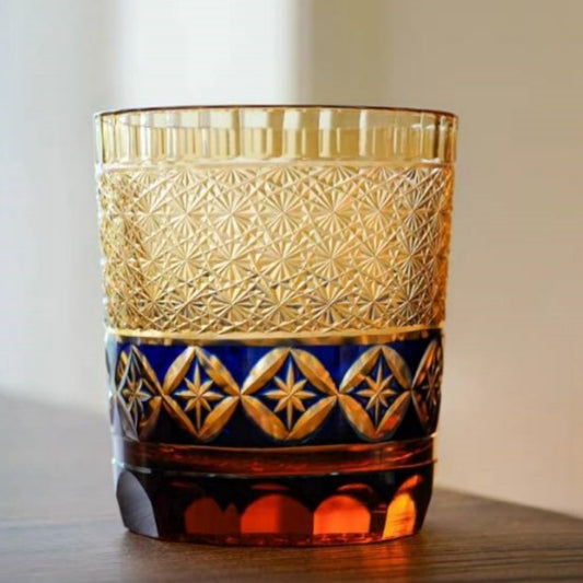 JP-047 250 ml  Blue and Amber color tinted Glass Whiskey Tumblers Edo Kiriko with hand cut Shippo seven treasures design