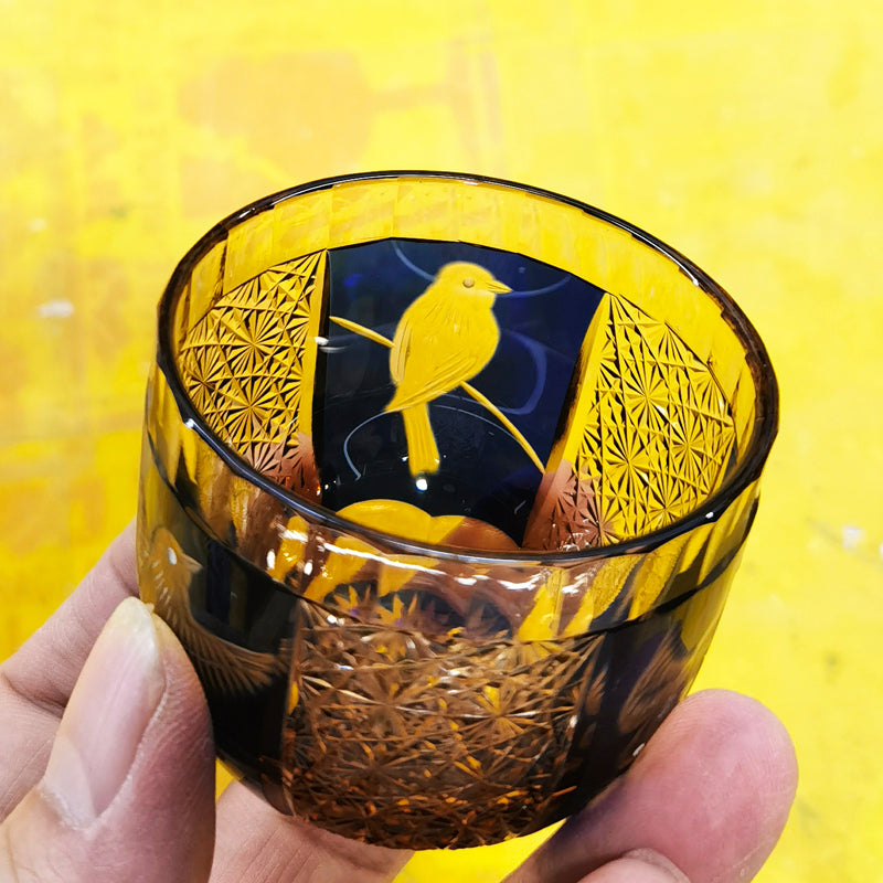 QJ-02 60 ML Blue Premium Peace Dove Shot Glass Green and Amber Colored Cold Sake Glass Cup,Chilled Sake Glass ,Small Drinking Vessel With Hand Cut Kiriko Chrysanthemum Design
