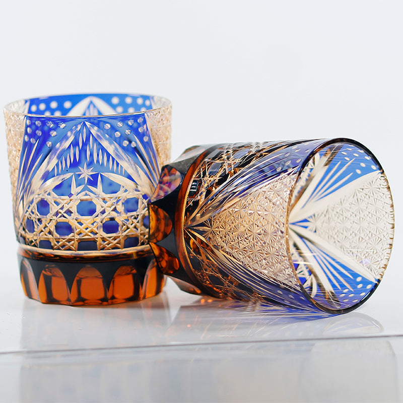 JP-025 Handcrafts Edo Kiriko‘s Amber Blue Tinted Glass Whiskey Tumbler Hand Cuts Octagonal Basket Weave and Chrysanthemum Pattern