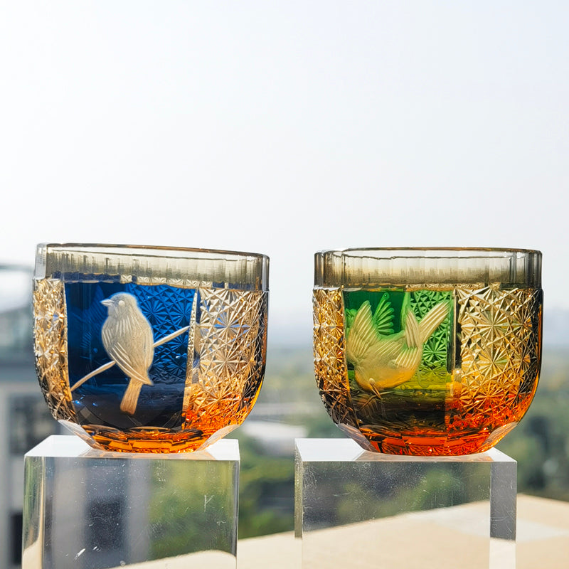 QJ-02 60 ML Blue Premium Peace Dove Shot Glass Green and Amber Colored Cold Sake Glass Cup,Chilled Sake Glass ,Small Drinking Vessel With Hand Cut Kiriko Chrysanthemum Design