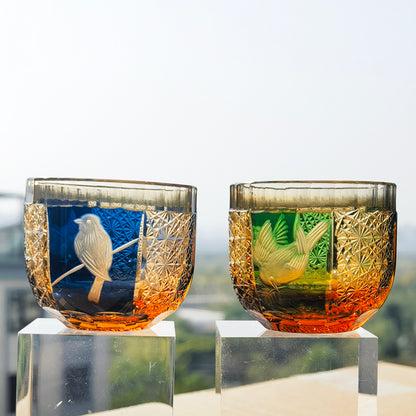 QJ-02 60 ML Blue Premium Peace Dove Shot Glass Green and Amber Colored Cold Sake Glass Cup,Chilled Sake Glass ,Small Drinking Vessel With Hand Cut Kiriko Chrysanthemum Design
