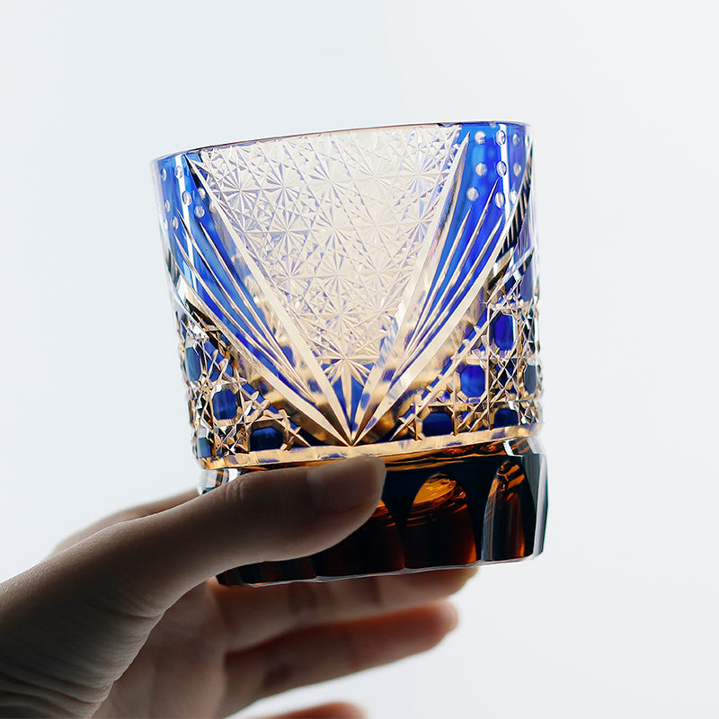 JP-025 Handcrafts Edo Kiriko‘s Amber Blue Tinted Glass Whiskey Tumbler Hand Cuts Octagonal Basket Weave and Chrysanthemum Pattern