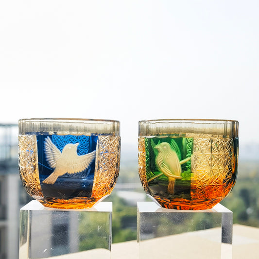 QJ-02 60 ML Blue Premium Peace Dove Shot Glass Green and Amber Colored Cold Sake Glass Cup,Chilled Sake Glass ,Small Drinking Vessel With Hand Cut Kiriko Chrysanthemum Design