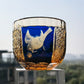 QJ-02 60 ML Blue Premium Peace Dove Shot Glass Green and Amber Colored Cold Sake Glass Cup,Chilled Sake Glass ,Small Drinking Vessel With Hand Cut Kiriko Chrysanthemum Design