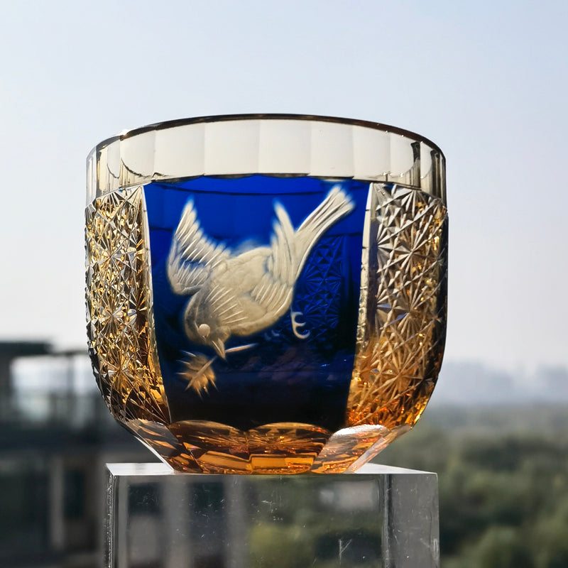 QJ-02 60 ML Blue Premium Peace Dove Shot Glass Green and Amber Colored Cold Sake Glass Cup,Chilled Sake Glass ,Small Drinking Vessel With Hand Cut Kiriko Chrysanthemum Design