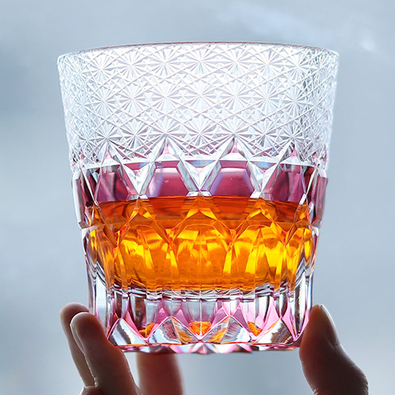 JP-107 11 oz Japanese Style Edo Kiriko Handcrafted Gold Pink Fluorite Whisky Glass With Gift Box
