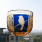 QJ-02 60 ML Blue Premium Peace Dove Shot Glass Green and Amber Colored Cold Sake Glass Cup,Chilled Sake Glass ,Small Drinking Vessel With Hand Cut Kiriko Chrysanthemum Design