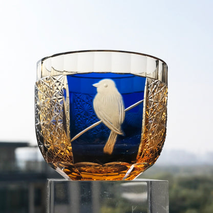 QJ-02 60 ML Blue Premium Peace Dove Shot Glass Green and Amber Colored Cold Sake Glass Cup,Chilled Sake Glass ,Small Drinking Vessel With Hand Cut Kiriko Chrysanthemum Design