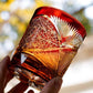 JP-030 250 ml Ruby Red and Amber Tinted Glass Whiskey Cup With Hand Cut Classic Chrysanthemum And Fans 2 different Design