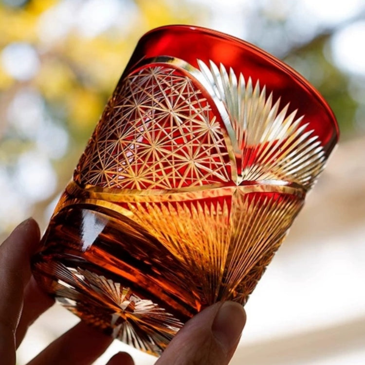 JP-030 250 ml Ruby Red and Amber Tinted Glass Whiskey Cup With Hand Cut Classic Chrysanthemum And Fans 2 different Design